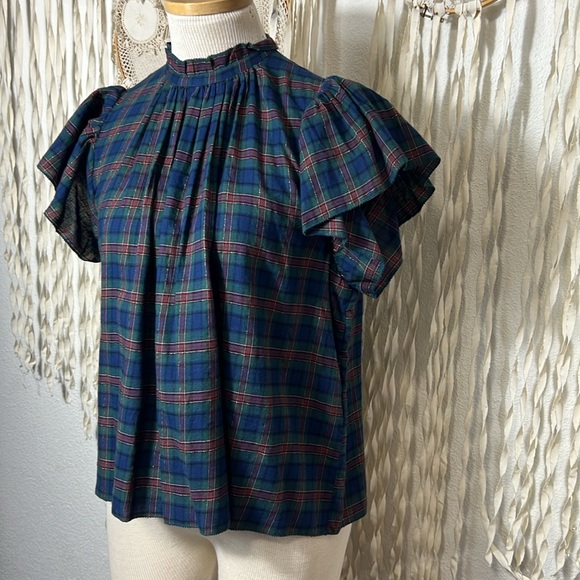 Trovata | Birds Of Paradise NWOT Plaid Flutter Sleeve Blouse - Picture 3 of 9